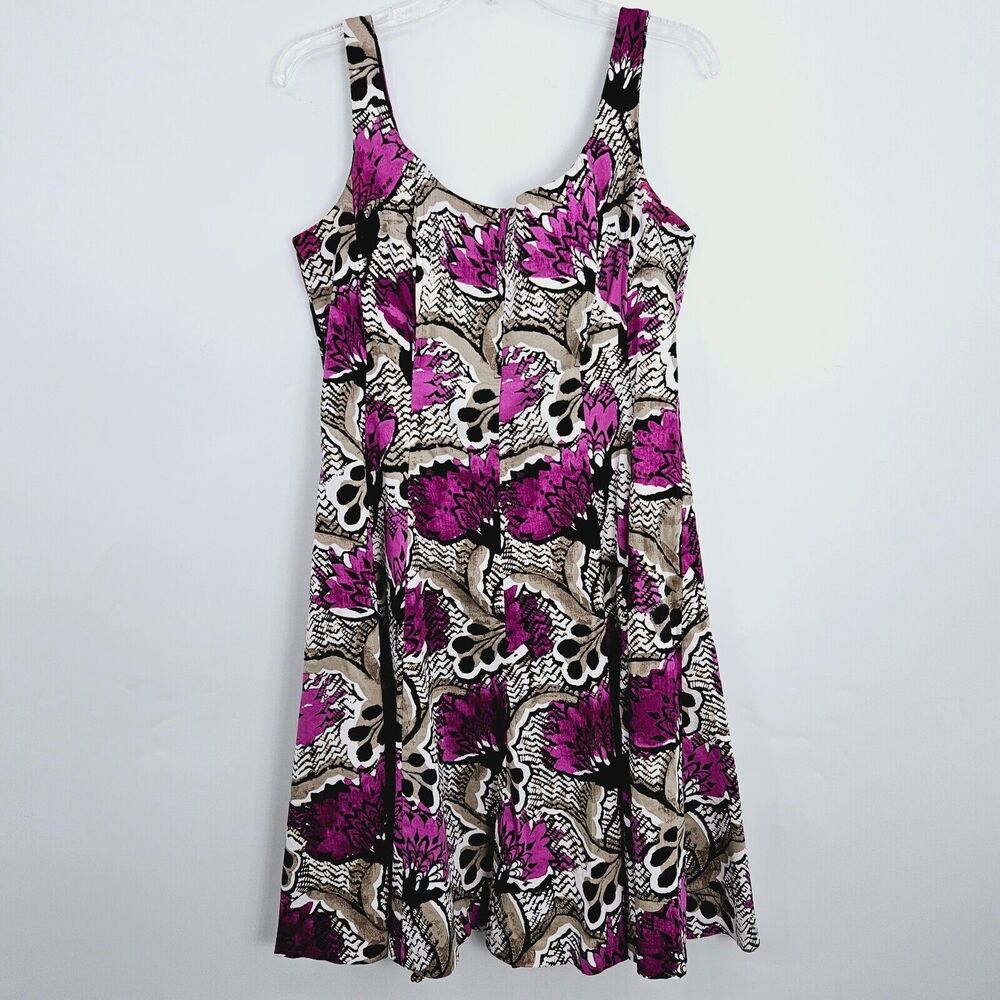 Nine West Sleeveless Fit & Flare Dress Size 12 Tan Purple Knee Length A Line